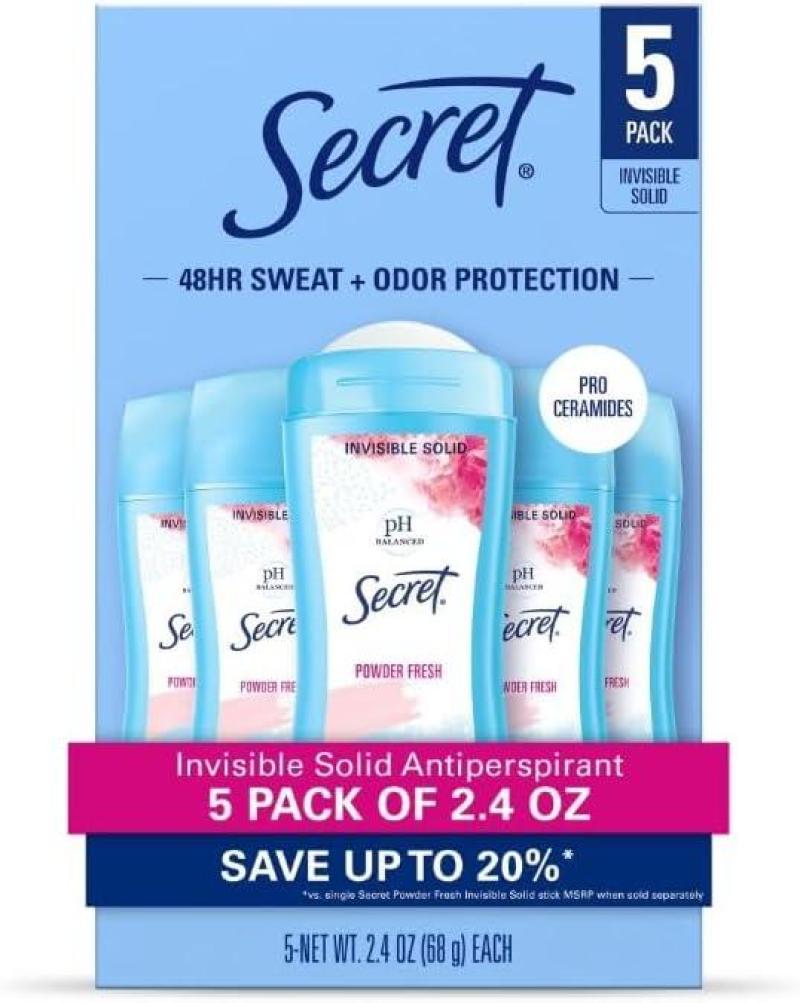 Secret Invisible Solid Antiperspirant Deodorant, Powder Fresh, 2.4 oz, 5 Pack